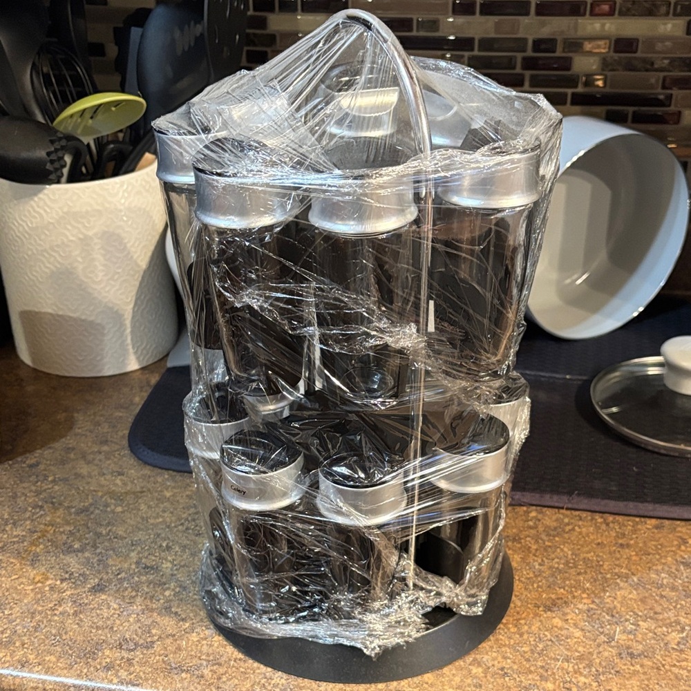Rotating Spice Rack with Jars - Black and Silver